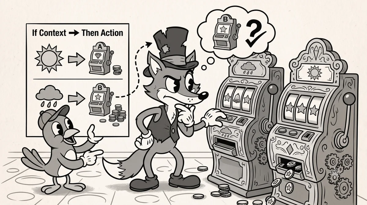 상황에 따라 행동을 고르는 Contextual Bandit 삽화